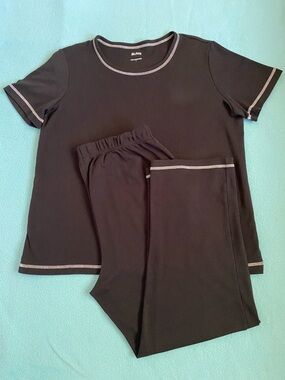 BLAIR Pajama set short sleeve top pant with pockets black white trim NEW size L